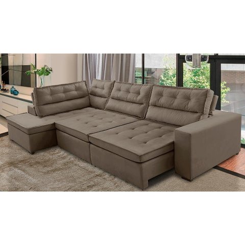 Sofá de Canto Retrátil e Reclinável com Molas Le 3,40x2,00m Viviane Suede Marrom Marrom