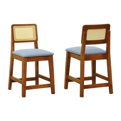 Kit 2 Banquetas Baixa/cadeira Gabi Madeira Maciça Encosto Telinha - Amêndoa -linho Cinza Mescla Imp.