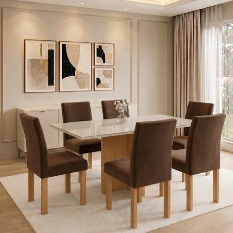 Conjunto de Mesa 6 Lugares Carol com Vidro 160x80cm e Cadeiras Espanha Cinamomo Off White