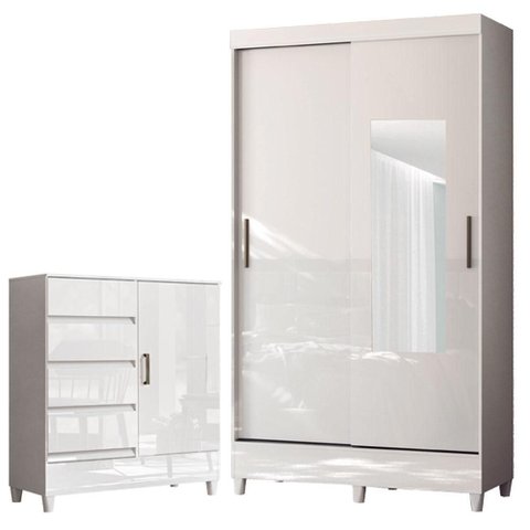 Guarda Roupa Solteiro 2 Portas de Correr com Espelho e Pés e Cômoda Fit Branco Brilho - Santos
