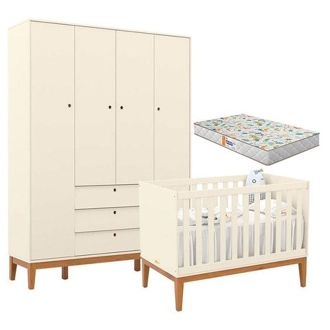 Berço Americano e Guarda Roupa Unique 4 Portas Off White Eco Wood com Colchão Gazin - Matic
