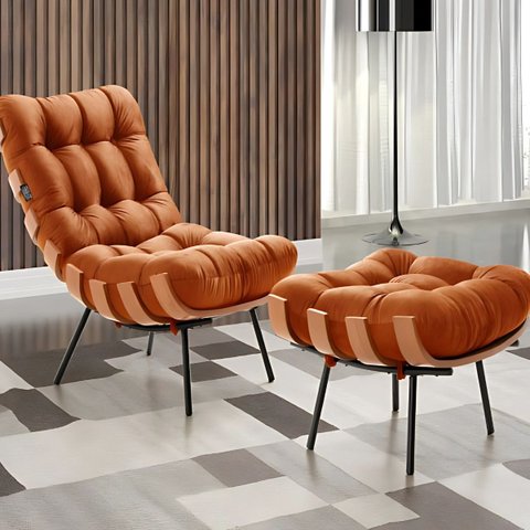 Poltrona Costela com Puff Coral Vivaro Decor Suede Terracota