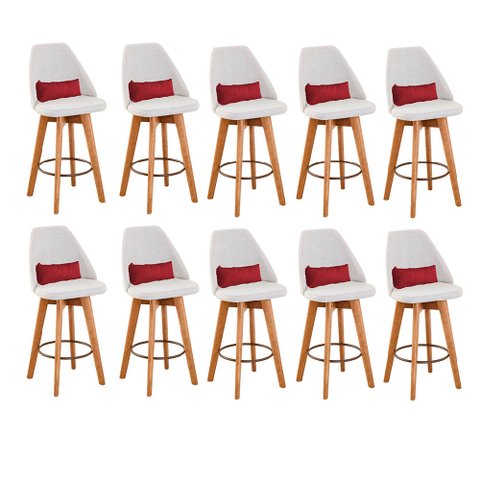 Kit 10 Banquetas Alta Maya Giratória Com Encosto Linho Bege Claro e Almofada Sintético Vermelho
