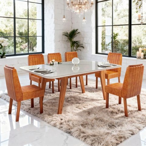 Sala de Jantar 180x90 Mavie Mdf/vidro 6 Cad Eva Caramelo