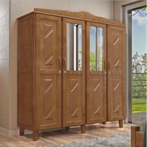 Guarda-roupa Brasil Casal Imbuia 4 Portas Espelhos 3 Gavetas Internas Madeira Maciça de Pinus -