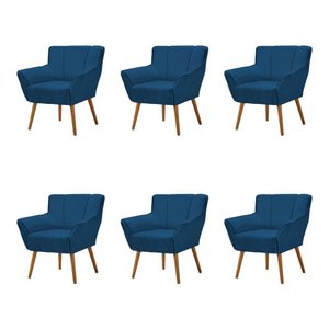 Kit 6 Poltronas Decorativa Itália para Sala de Estar Base Madeira Maciça Estofado Linho Azul -