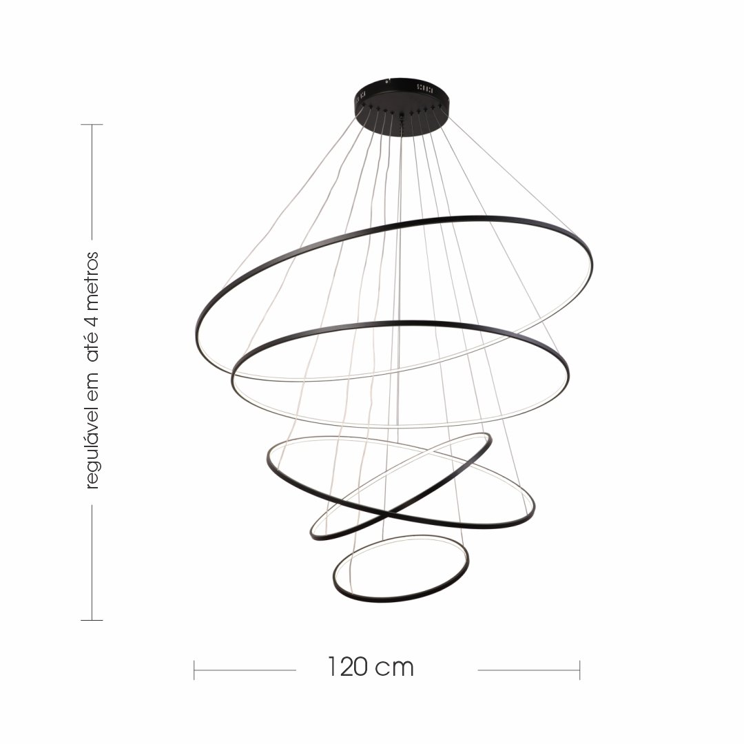 Lustre Led 5 Anéis Moderno Preto Luxo 3000K Luz Aconchegante - 5