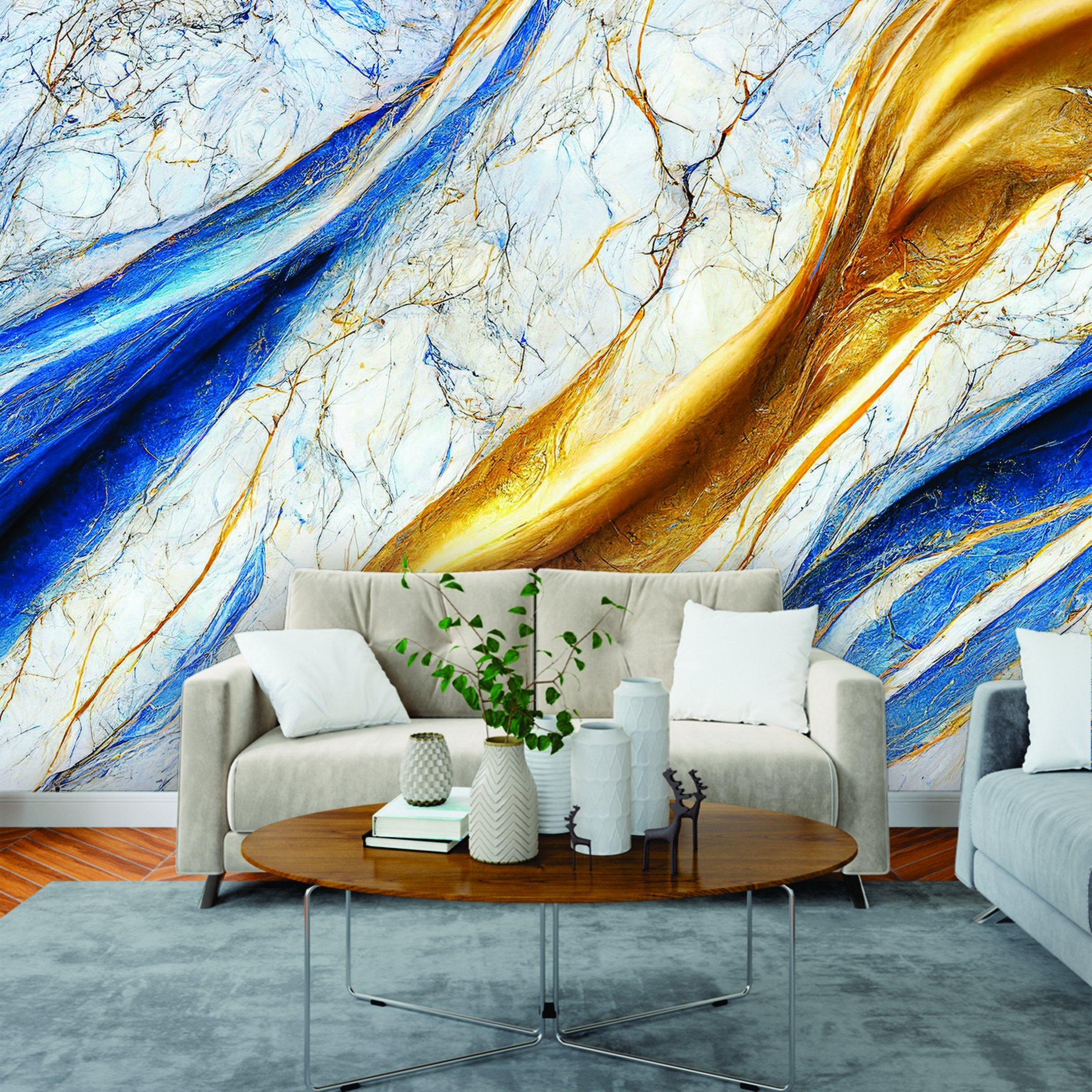 Papel de Parede Painel 3D Mármore Branco Azul Dourado 3M Auto Colante Revestimento Brilhoso - 2