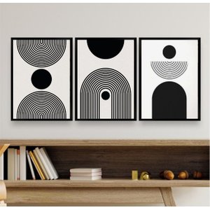 Kit 3 Quadros Abstratos Formas Geométricas matisse 24x18cm - com Vidro:madeira Preta