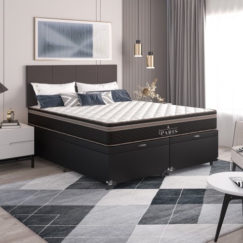 Cama Box Baú Queen Bipartido + Colchão Paris Molas Ensacadas Pocket - 66x158x198cm - Couro