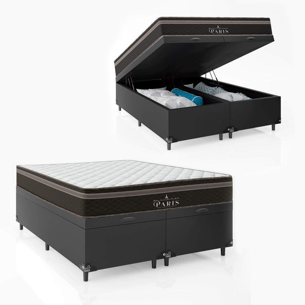Cama Box Baú Queen Bipartido + Colchão Paris Molas Ensacadas Pocket Couro Preto MadeiraMadeira