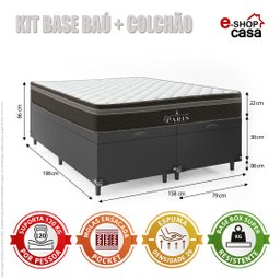 Cama Box Baú Queen Bipartido + Colchão Paris Molas Ensacadas Pocket - 66x158x198cm - Couro - 3