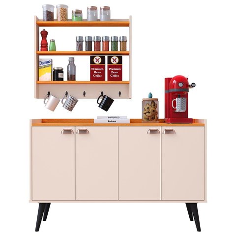 Kit Sala Jantar Aparador Buffet Kiev Armário Parede Amélia Suspenso Prateleiras - Off White/