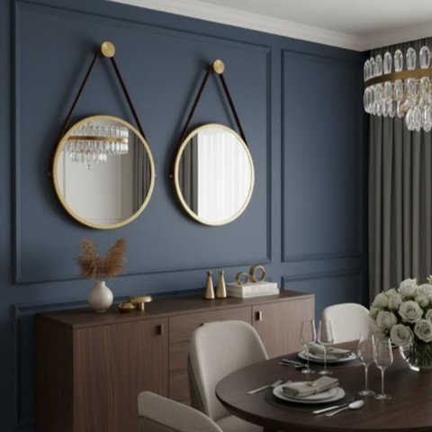 Kit 2 Espelhos Redondo Adnet Decorativo Suspenso 60cm + Suporte Dourado com Alça Caramelo