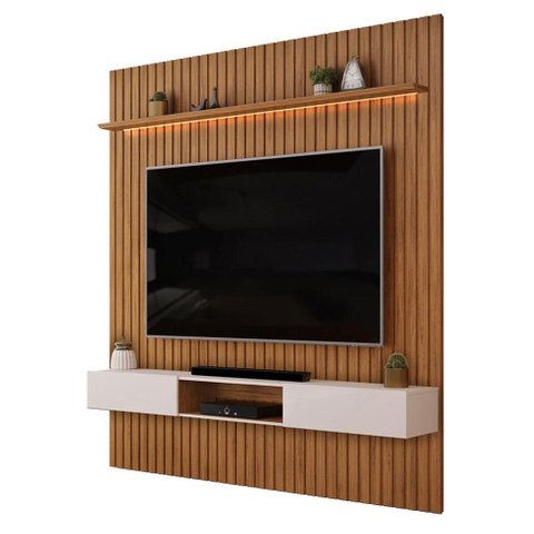 Painel Trento para TV com Bancada 250 Ripado Freijó Off White com LED-DJ Móveis