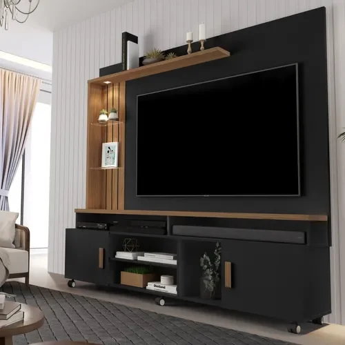 Estante Home Ocean Preto/Canela Para Tv Até 65 Polegadas -2 Portas e Nicho com Leds Carmolar - 2