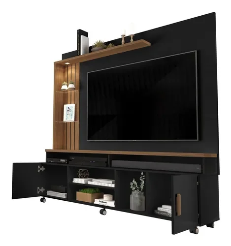Estante Home Ocean Preto/Canela Para Tv Até 65 Polegadas -2 Portas e Nicho com Leds Carmolar - 3