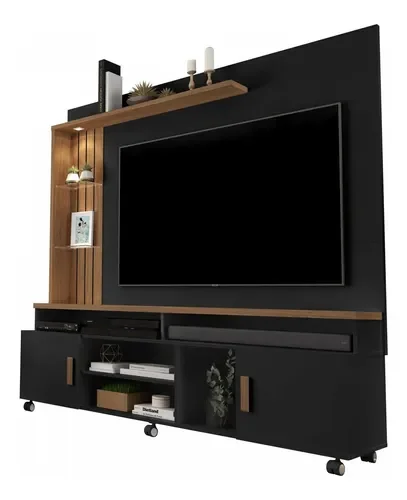 Estante Home Ocean Preto/Canela Para Tv Até 65 Polegadas -2 Portas e Nicho com Leds Carmolar - 5