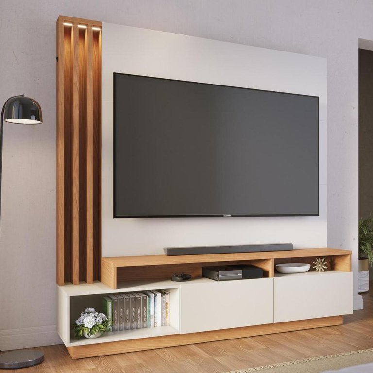 Home Theater 2 Portas Basculantes com Led Humaitá - Off White Matte / Freijó Home Theater 2 Portas Basculantes com Led Humaitá - Off White Matte / Freijó
