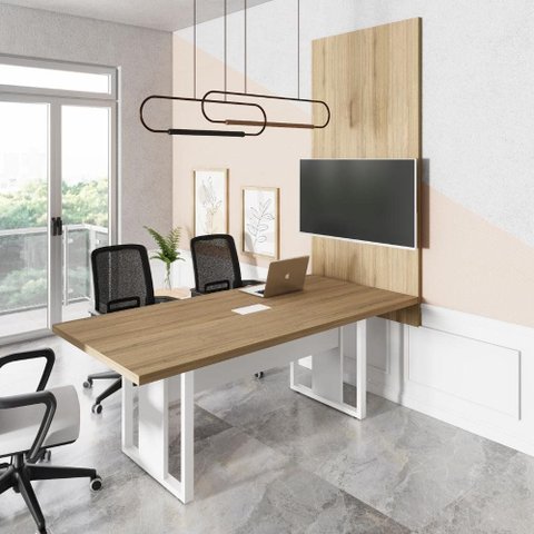 Mesa de Reunião Design Industrial 2,00 m com Caixa de Tomadas e Painel para TV F5 Office