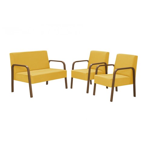 Conjunto Jade 1 Poltrona 2 Lugares e 2 poltronas de 1 lugar Braço Madeira D Salla Suede Amarelo