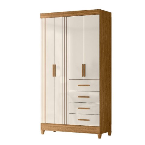 Guarda Roupa Roupeiro Solteiro Milão 4 Portas 4 Gavetas Detalhes Frisados Freijó Off White Moval