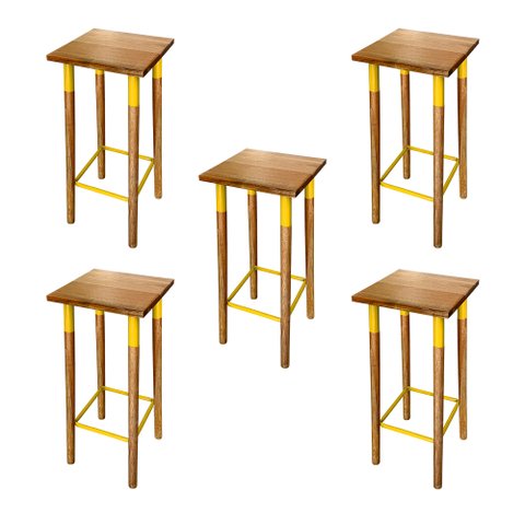 Kit 5 Banquetas Bistro Industrial Colors Ferro e Madeira Maciça - Amarela