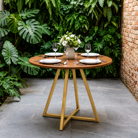 Mesa de Sala e Jantar Paris Modelo Industrial Moderno Tampo Redondo Canela com Base de Ferro Dourado