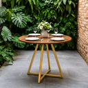 Ver imagem 1 de Mesa de Sala e Jantar Paris Modelo Industrial Moderno Tampo Redondo Canela com Base de Ferro Dourado
