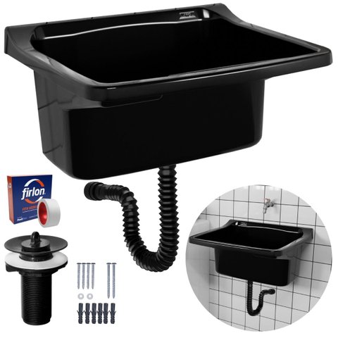 Tanque de Plástico 40l para Lavanderia Preto + Sifão Universal Sanfonado + Fita Veda Rosca