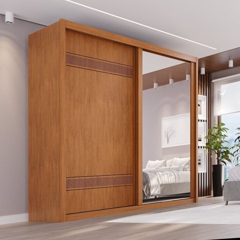 Guarda-Roupa Casal 2 Portas de Correr com Espelho 3 Gavetas MDF Pietro Laranja/Rubi