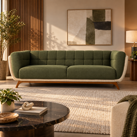 Sofá 3 Lugares 240cm Compose Verde Oliva em Linho com Corino Pés em Madeira Linha Premium Compose Lu
