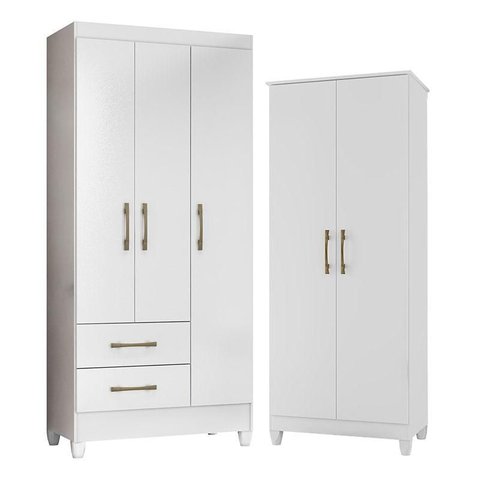 Guarda Roupa Infantil Lima e Armário Multiuso Jade Branco Brilho – Moval