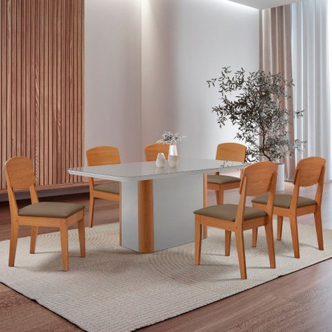 Mesa de Jantar Isadora 180cm Tampo Mdf Vidro com 6 Cadeiras Copper