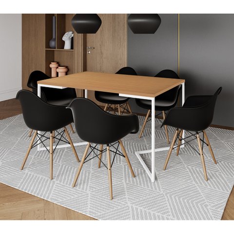 Mesa Jantar Industrial Retangular Canela 137x90cm Base V Ferro Branco com 6 Poltronas Eames Preta Ma