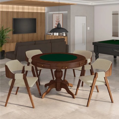Conjunto Mesa de Jogos Bellagio e 4 Cadeiras Madeira Poker Base Estrela Linho Offwhite/imbuia