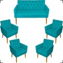 Ver imagem 1 de Kit Namoradeira Decorativa Para Sala Capitonê Com Base + 4 Poltronas Para Recepção Suede