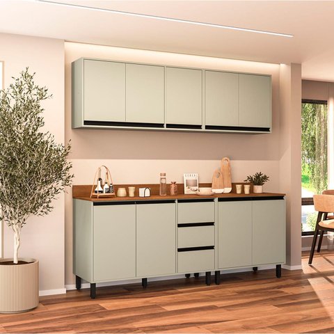 Cozinha Koya 4 Peças 200x214cm Armários Aéreos Balcões com 3 Gavetas e Tampo Verde 250040