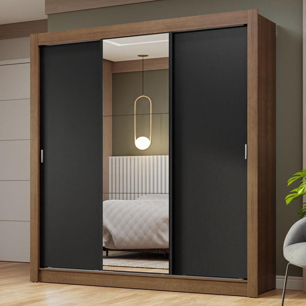 Guarda-roupa Casal 3 Portas de Correr com Espelho Rustic/preto Nobre Madesa - 1
