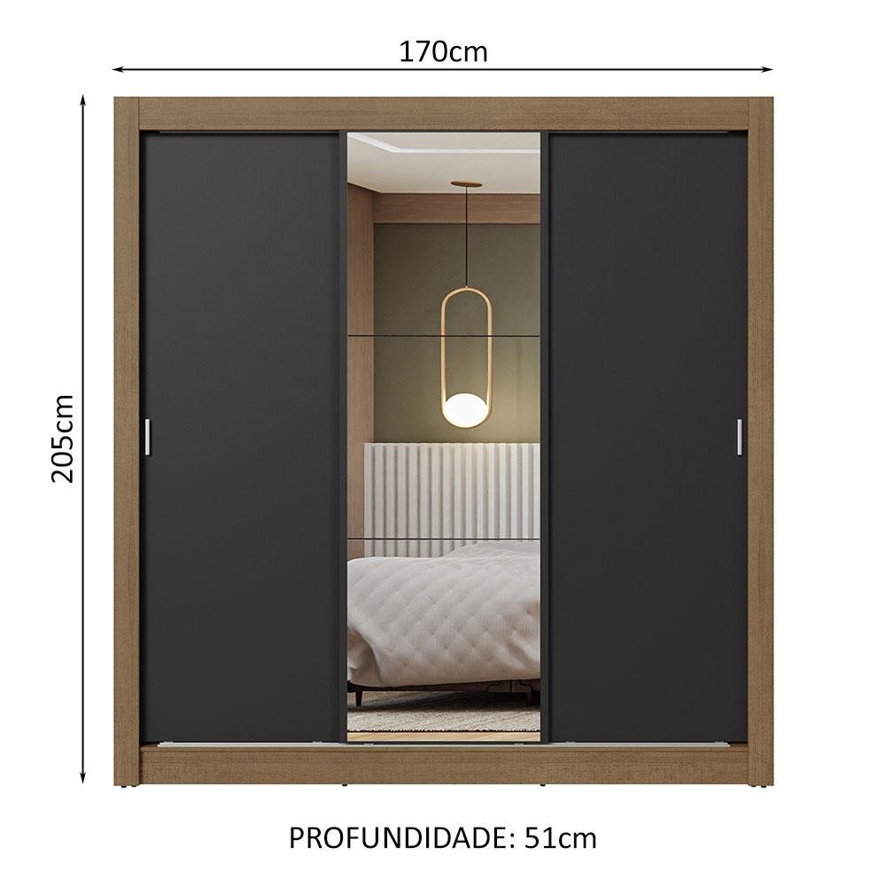 Guarda-roupa Casal 3 Portas de Correr com Espelho Rustic/preto Nobre Madesa - 3