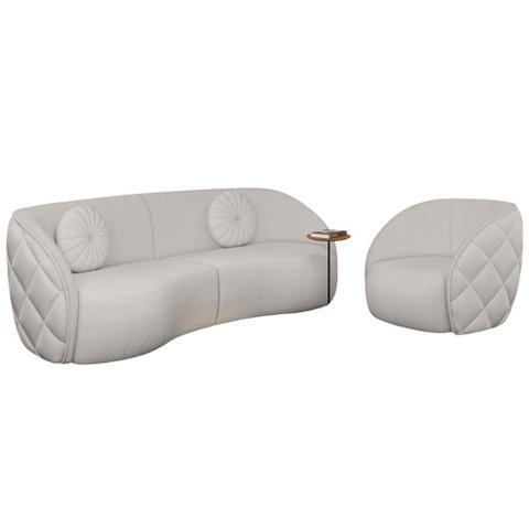 Conjunto Sofá Curvo e Poltrona Euphoria em Bouclé Branco com 2 Almofadas