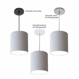 Luminária Pendente Md-4102 Cúpula em Tecido Rustico-cinza Cor da Canopla Branca e Fio Transparente - 2