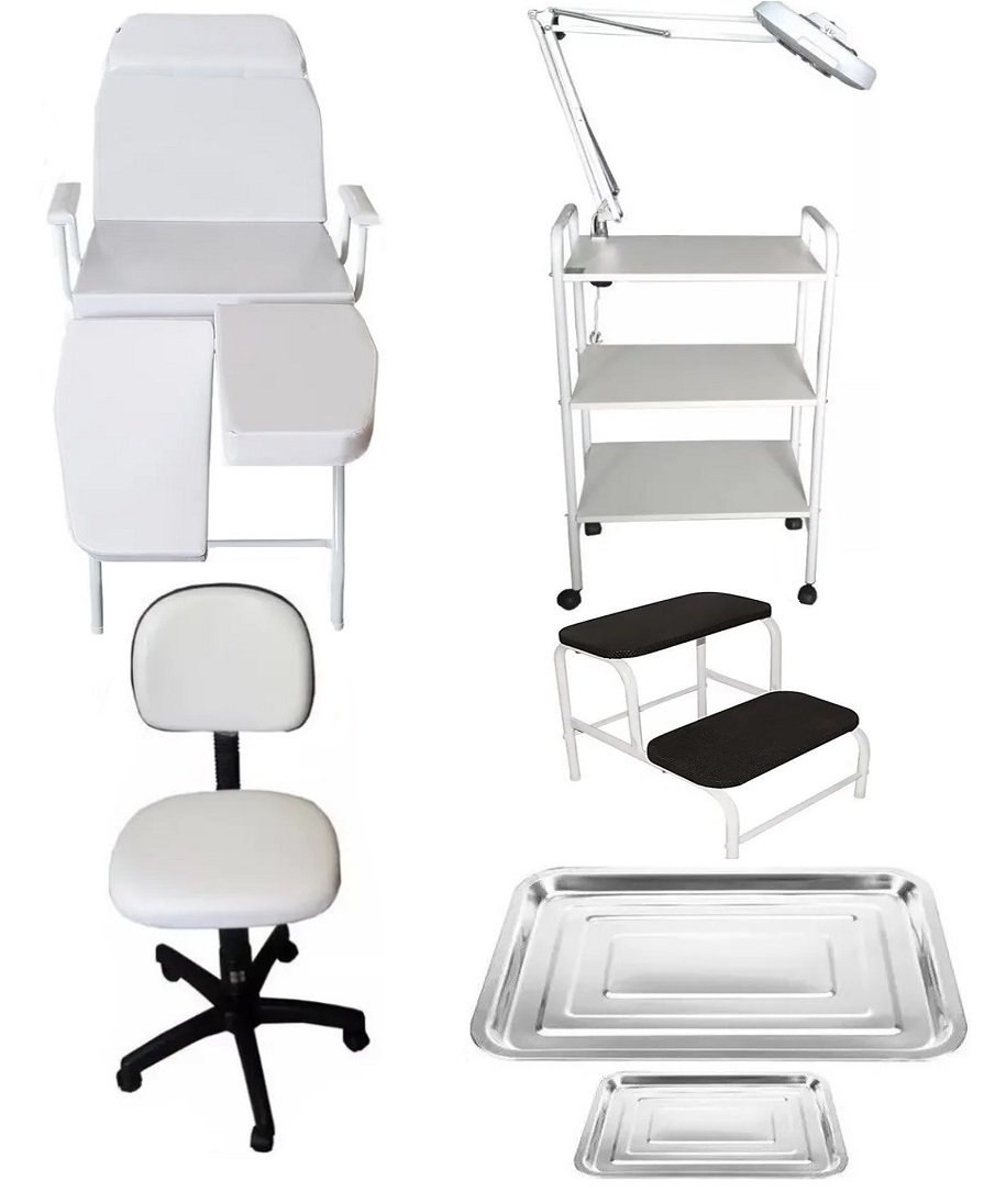 Kit Podologia Cadeira Mocho Exaustor Carrinho Escada Bandejas Fiscomed Kit Cadeira para Podologia