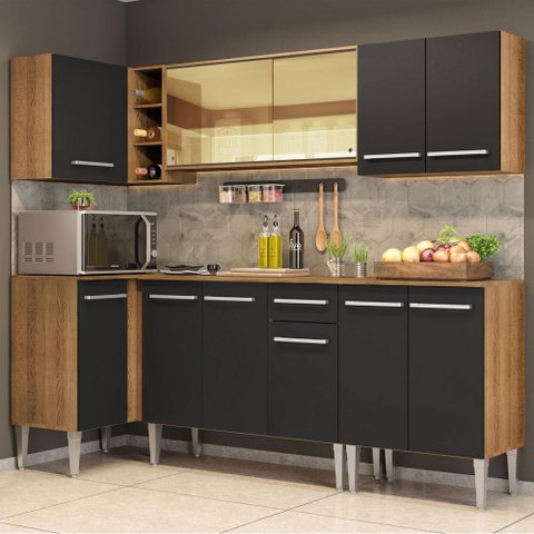 Armário de Cozinha Completa de Canto 293cm Rustic/Preto Emilly Play Madesa XA