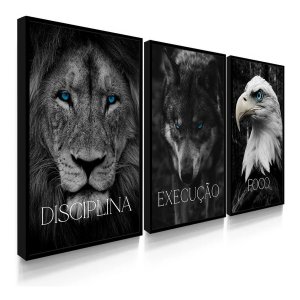 Kit 3 Quadros Decorativos Disciplina Execução Foco Leão Escritório