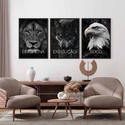 Kit 3 Quadros Decorativos Disciplina Execução Foco Leão Escritório - 3