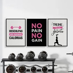 Kit 3 Quadros Academia Feminino 24x18cm - com vidro:Madeira branca - 1