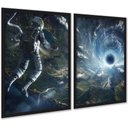 Ver imagem 1 de Kit 2 Quadros Astronauta Buraco Negro Espaço 45x34cm - com Vidro:moldura Preta