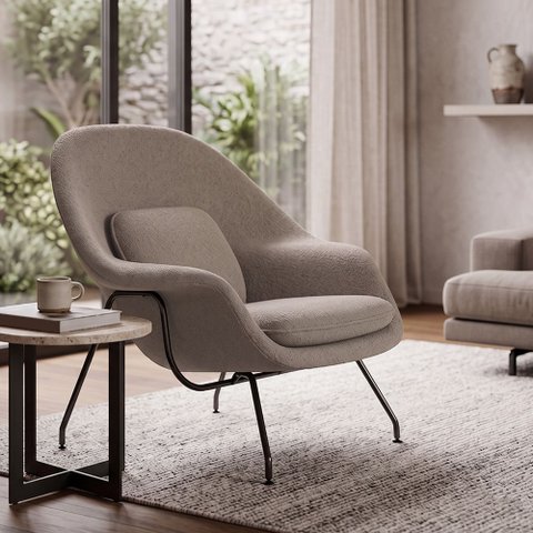 Poltrona Womb Chair sem Puff Linho Base Preta Linha Premium Leitura e Descanso Sala Moderna - Bege