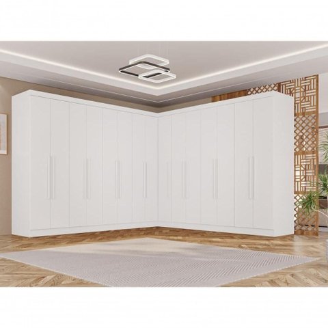 Guarda Roupa Casal Modulado de Canto 15 Portas 6 Gavetas MDP Branco Multimóveis 316cm